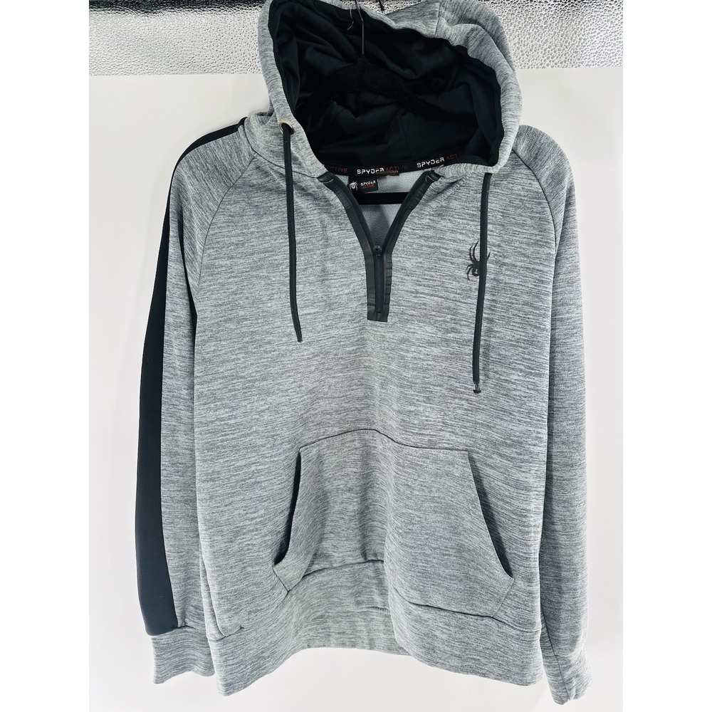 BEST SPYDER MEN MED HEATHER GRAY PULLOVER HOODIE SWEATSHIRT 1/4 ZIP BLACK PANELS - Picture 3 of 5